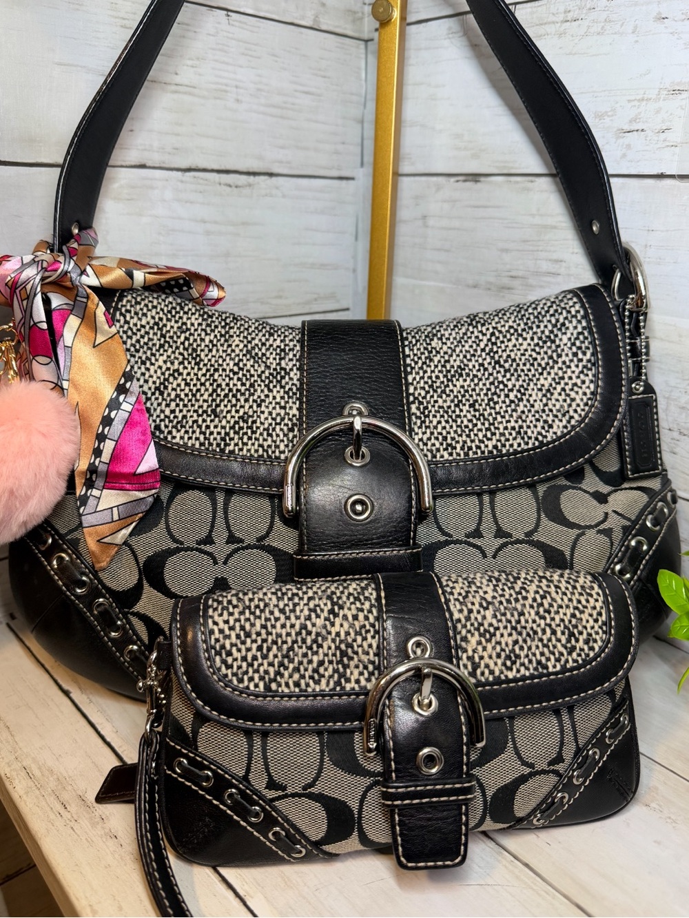 Coach Black and Neutral Patterned Shoulder Bag with Matching Wristlet